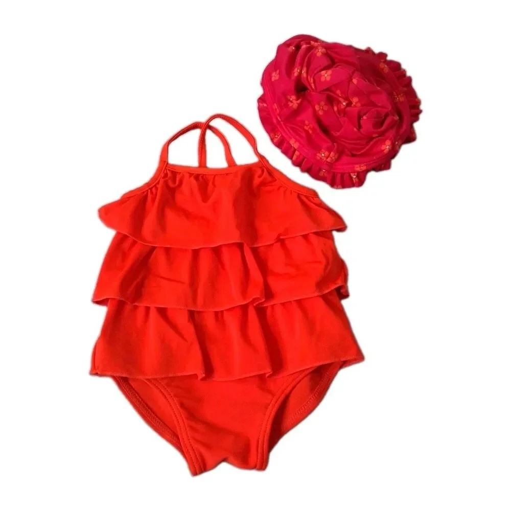 Carters Baby Girl Swimsuit Size 3m Ruffles One Piece Beach Pool Costume Cap Hat